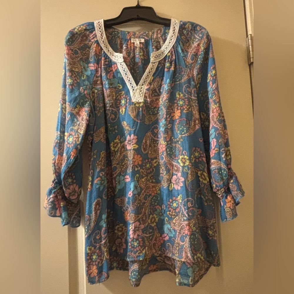 Spense Blue 3/4 Sleeve Boho Blouse